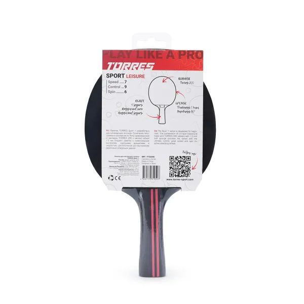 Ракетка для н/т TORRES Sport 1*, TT23005 для любителей, накладка 1,5 мм, конич. ручка за 991.10 ₽ в Пензе